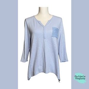 Chico's Relaxed Blue Top with Mandarin Collar Size Medium with Lace Design